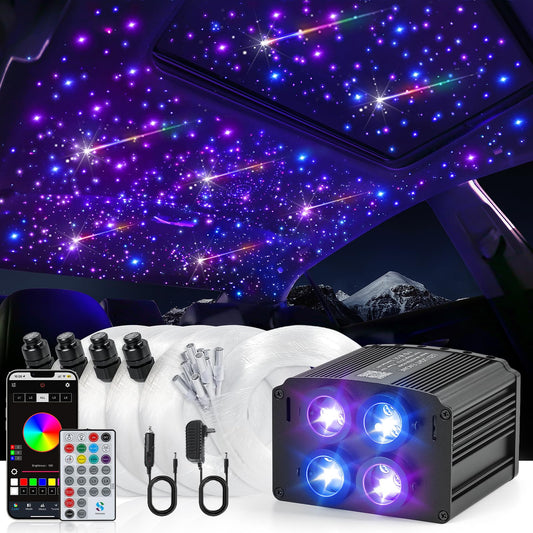 Car Starlight Headliner Kit, 4 Colors 32W Twinkle & Meteor Fiber Optic Ceiling Lights, 2 in 1 Light Engine 1200pcs*0.03in*13.1ft+240 RGBW Shooting Stars Lights for Car Roof Décor