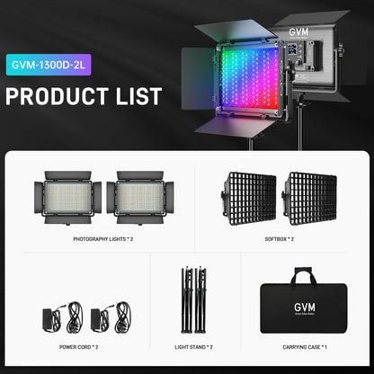 GVM 1300D RGB Video Light with Softbox, 65W LED Video Lighting Kit, 25000lux/0.5m, 360° Full Color Photography Lighting Kit, 2 Packs Led Panel Light for YouTube, Web Conference, Streaming