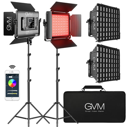 GVM 1000D RGB Led Video Light with 2 Softboxes, Photography Lighting Kit with Bluetooth Control, Full Color Video Lighting Kit with 18 Applicable Scenes, 2 Packs Led Light Panel for Video Shooting
